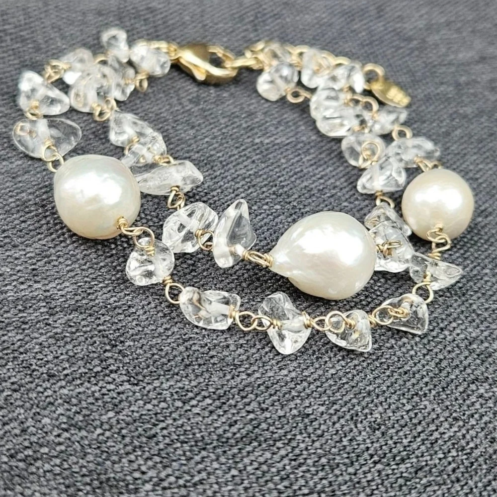 Freshwater Pearl Sterling Bracelet Quartz Gold Plated Double Strand Lucoral 7